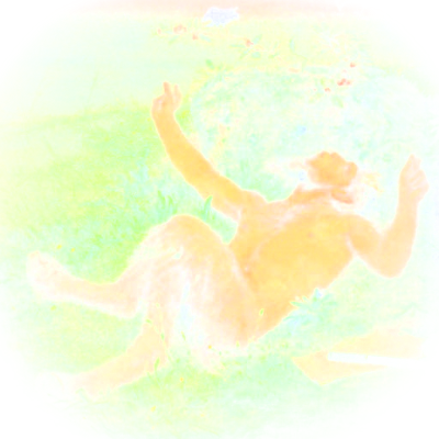 A satyr relaxes in a field of grass, playing with a bird.
