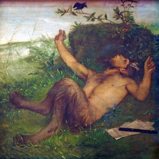 A satyr chilling in the grass and annoying a crow