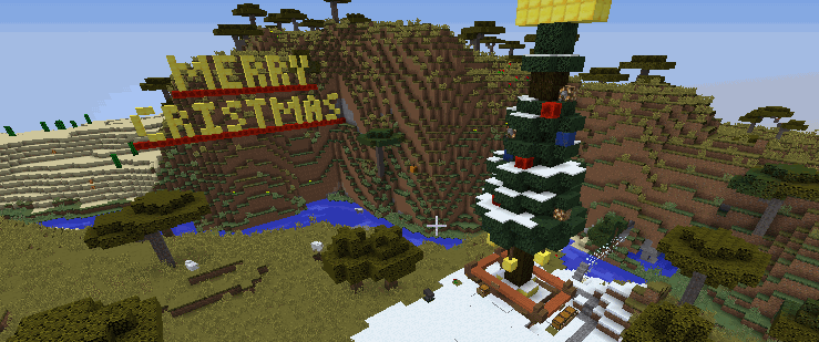 A Minecraft Christmas tree in a savannah, alongside the words MERRY CRISTMAS.