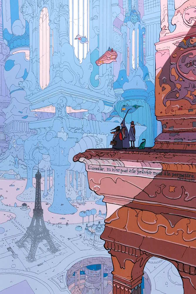 Blue and pink buildings tower above the Eiffel Tower in a bright and colourful future, while three figures look on from a balcony