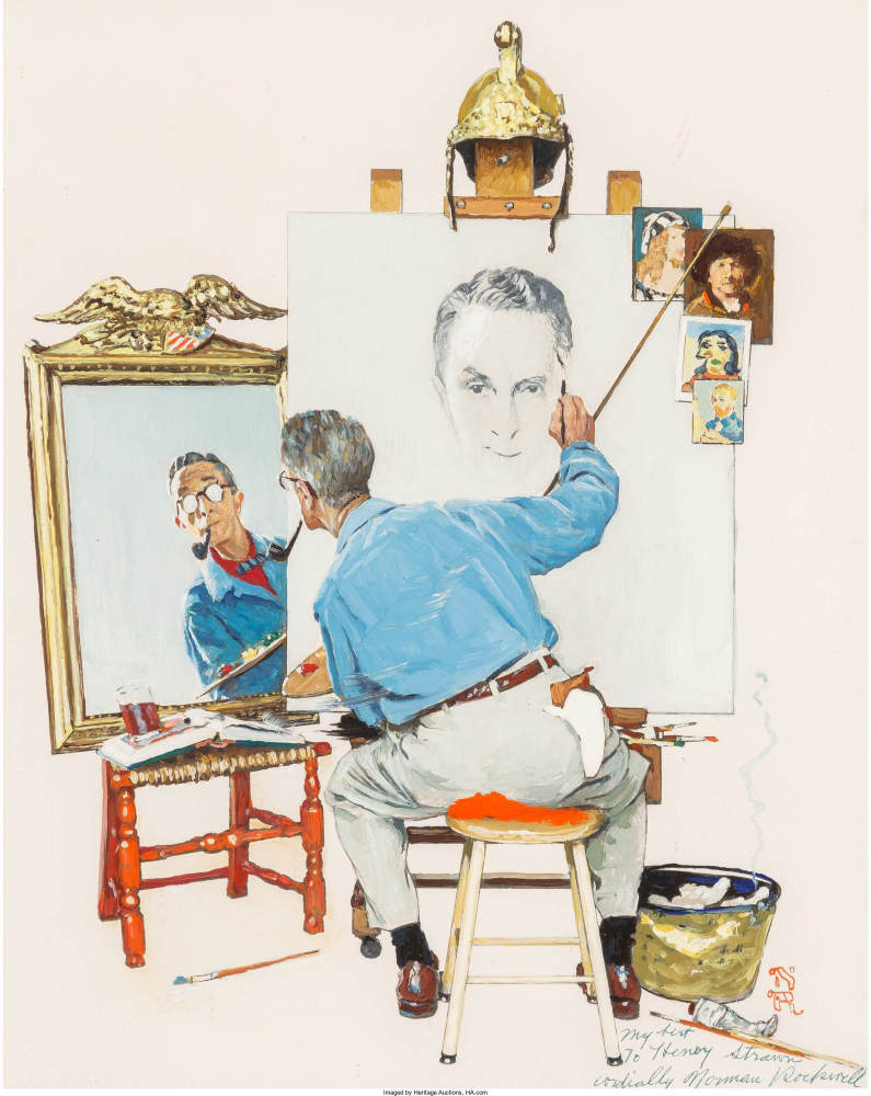 An artist looks into a mirror while painting a self-portrait