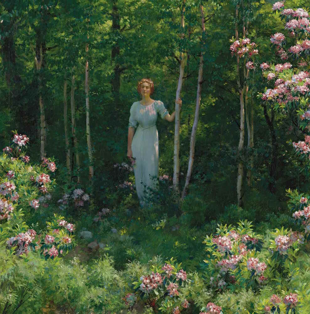 A russet-haired white woman in a white lace dress beckons the viewer into a verdant birch forest