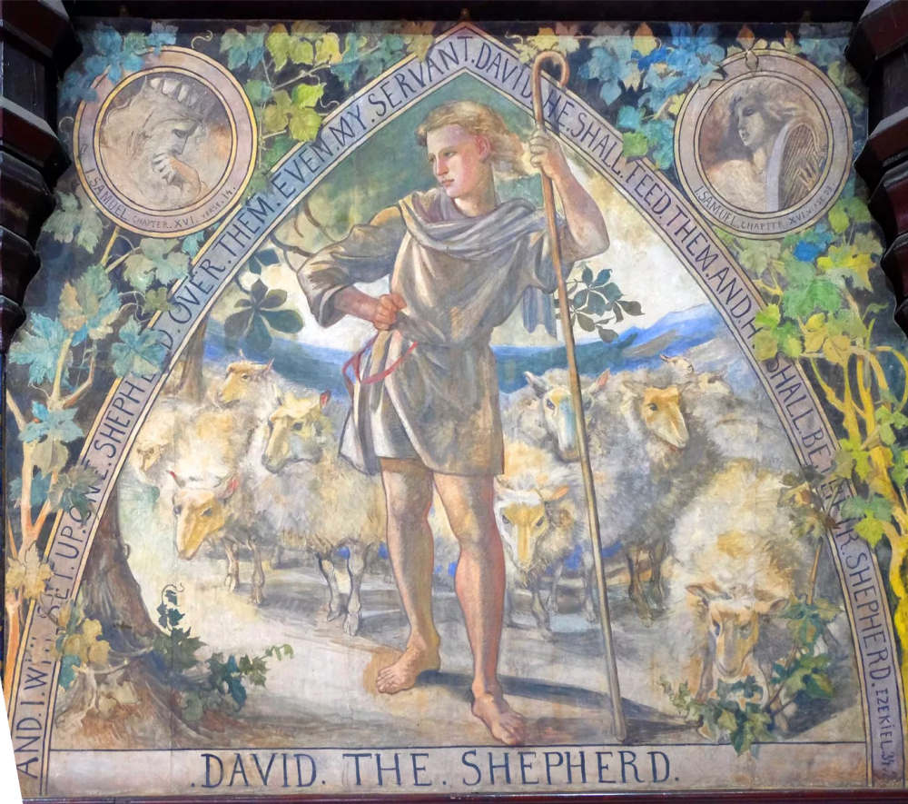 David tends to his flock in a cartouche surrounded by greenery and biblical quotes