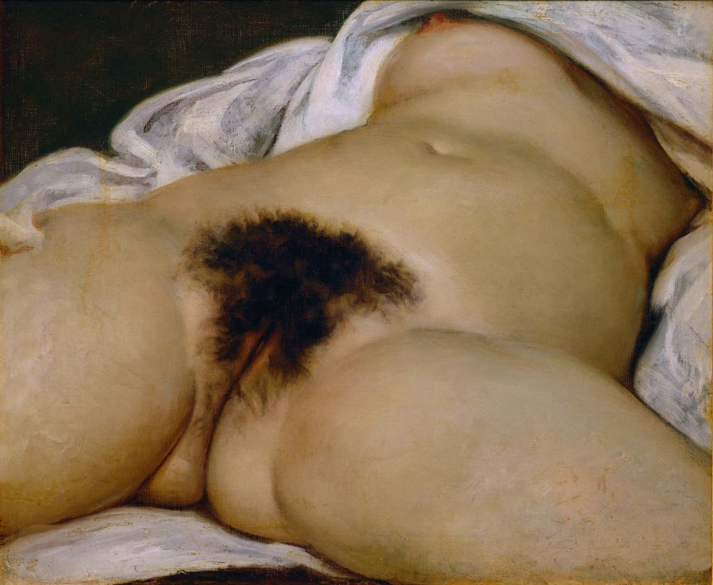 A closeup of a nude woman’s belly and genitalia, lying in bed