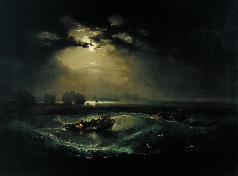 A fishing boat caught in a stormy midnight sea
