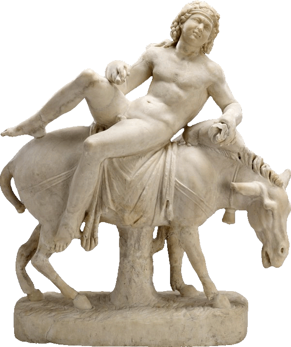 A marble statue of Bacchus sitting on a donkey