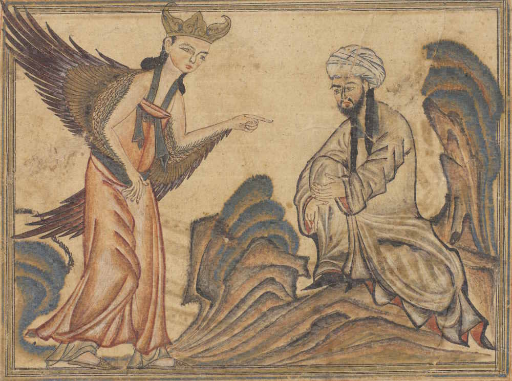 A Persian miniature showing the archangel Gabriel coming down and speaking to Muhammad on the rock