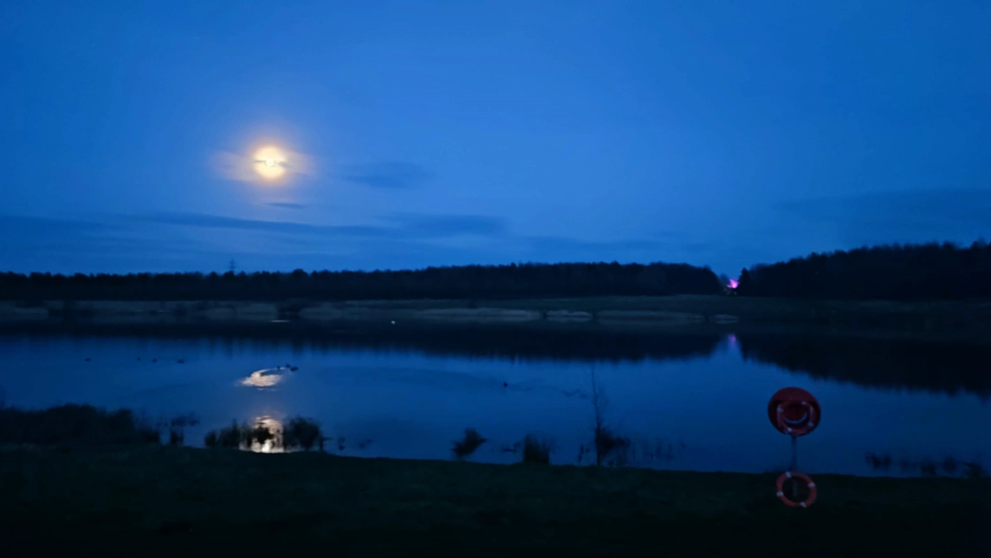 The moon glistens over a large pond in the evening sky; to the right, there's a lifebelt in the foreground and a strange purplish pinprick of light in the background