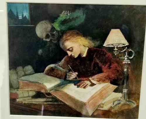 A framed painting from the gallery. A blonde-haired student in a red shirt hunches over a vast tome resting on piles of yet more books, his head illuminated only by a lamp as he writes. Over him, in the grim darkness, watches the Grim Reaper, toyingly placing a halo above his heat. In the top left corner, the only other source of light streams in, a view of a dark cityscape at midnight.