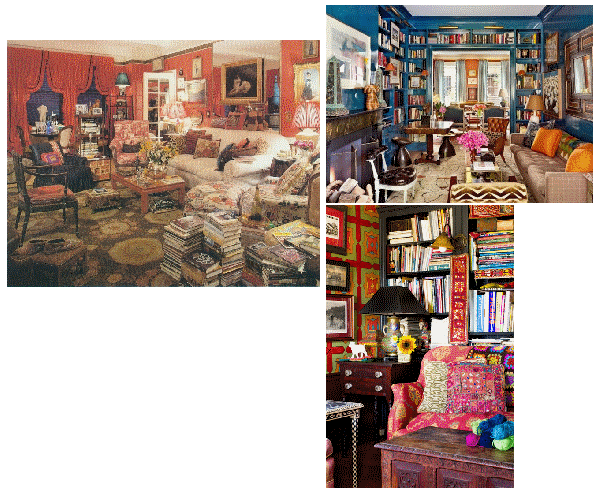 Several clujttered rooms of various colours, books filed high to the ceiling, chairs everywhere, tapestry rugs...