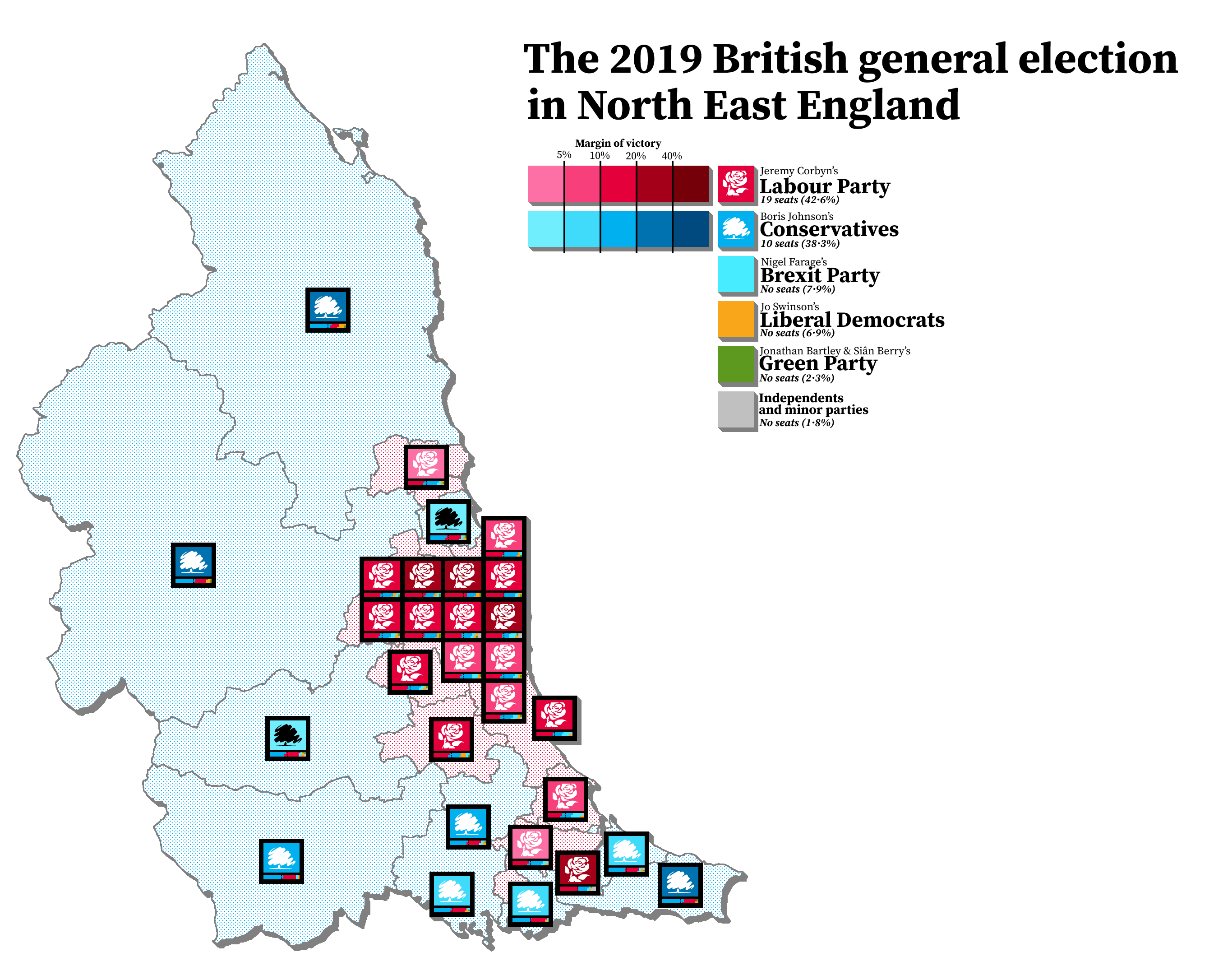 A map showing the most recent general election as it was in North East England, with Labour winning a majority of seats