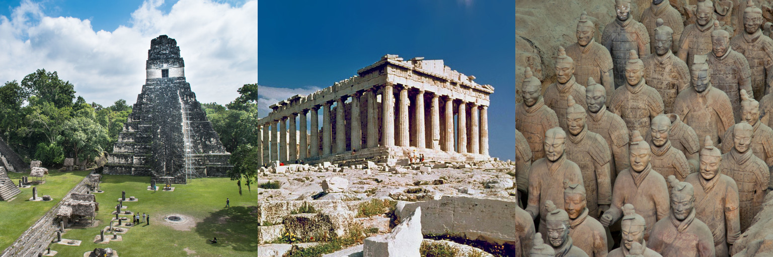 A Mayan temple, the Parthenon, an army of statues