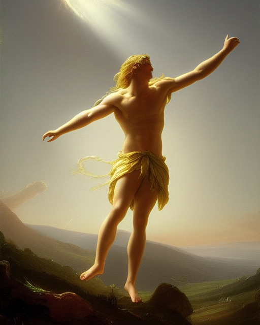 Apollon — a lithe, youthful, Caucasian man with waving blonde locks of hair — reaches up towards the heavens in front of a hilly valley