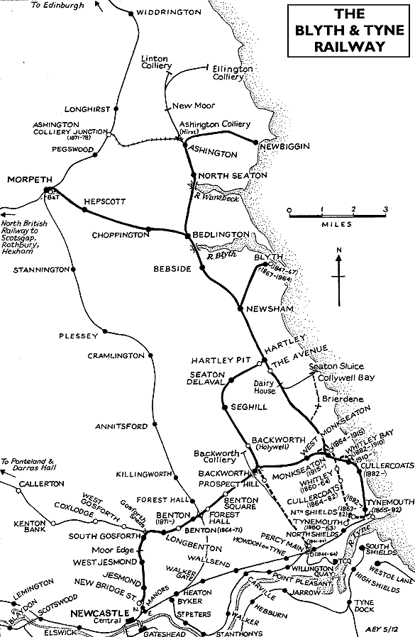An old map displaying the former lines of the Blyth and Tyne Railway, along the coast of southern Northumberland