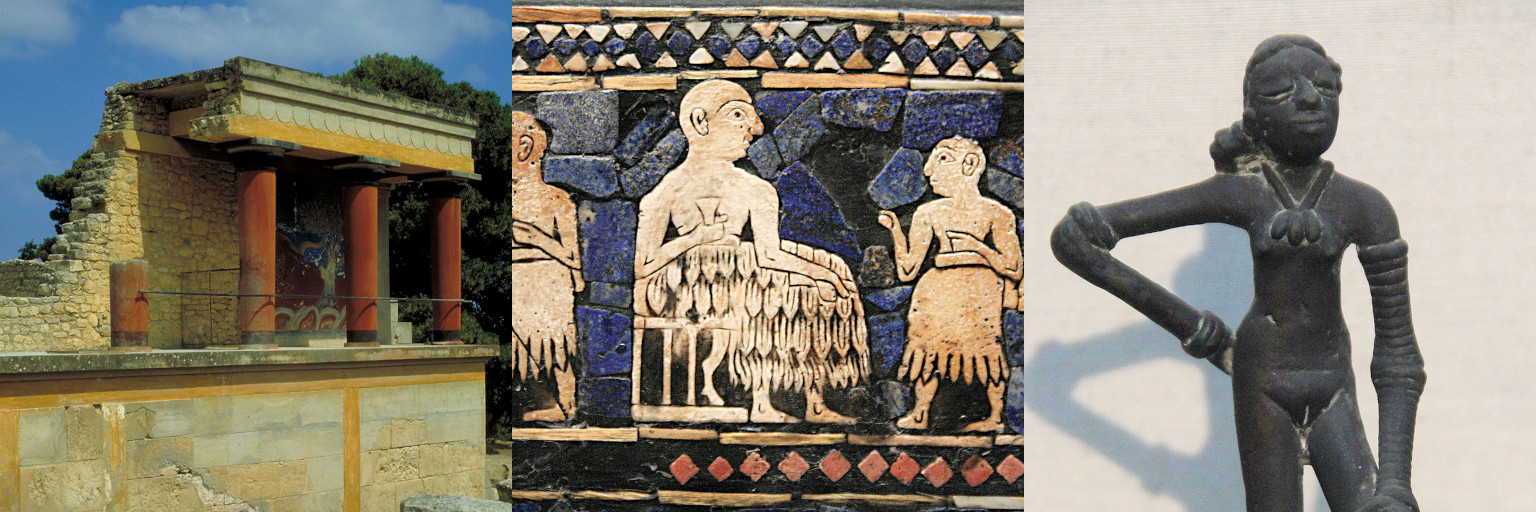 A palace at Knossos, a Sumerian mosaic, an ancient Indian sculpture