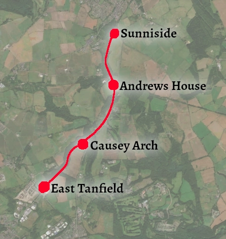 A map of the railway, showing (from north to south) Sunniside, Andrews House, Causey Arch, and East Tanfield