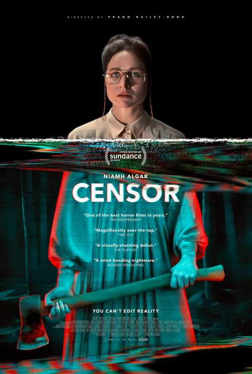 A film poster split into two parts by a VHS ripple effect ; the top, a conservatively-dressed woman in 80s style, the bottom, a madwoman holding an axe. The film is called "Censor", starring Niamh Algar.