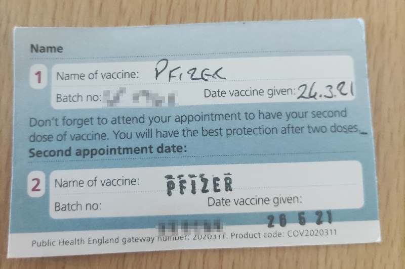 A covid vaccination certificate showing proof of two Pfizer doses