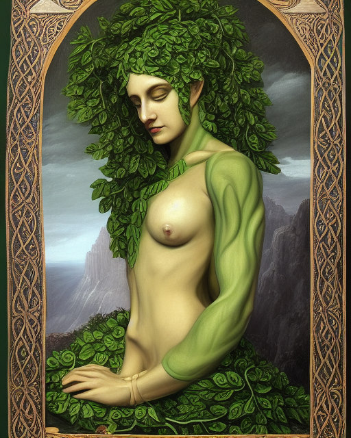 Gæa, framed by Celtic knotwork, as a green-skinned, bare-chested woman with leaves for hair
