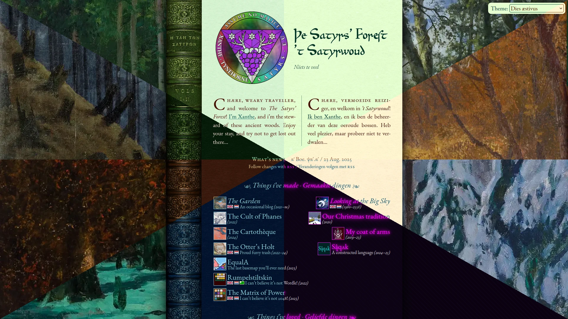 The redesigned front page, showing off eight colour schemes