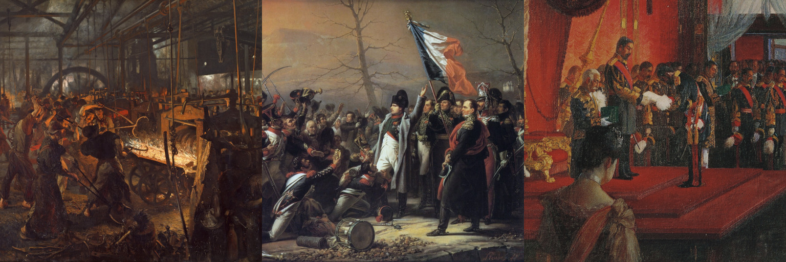 People hard at work in a factory, Napoleon rallying the troops, an emperor making a proclamation