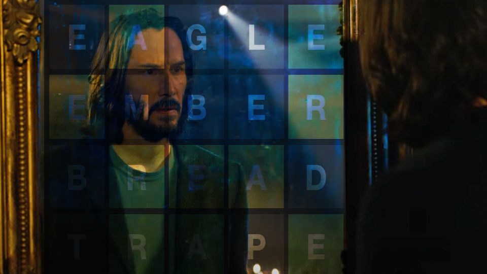 Keanu Reeves as Neo stares into the Wordle Dimension