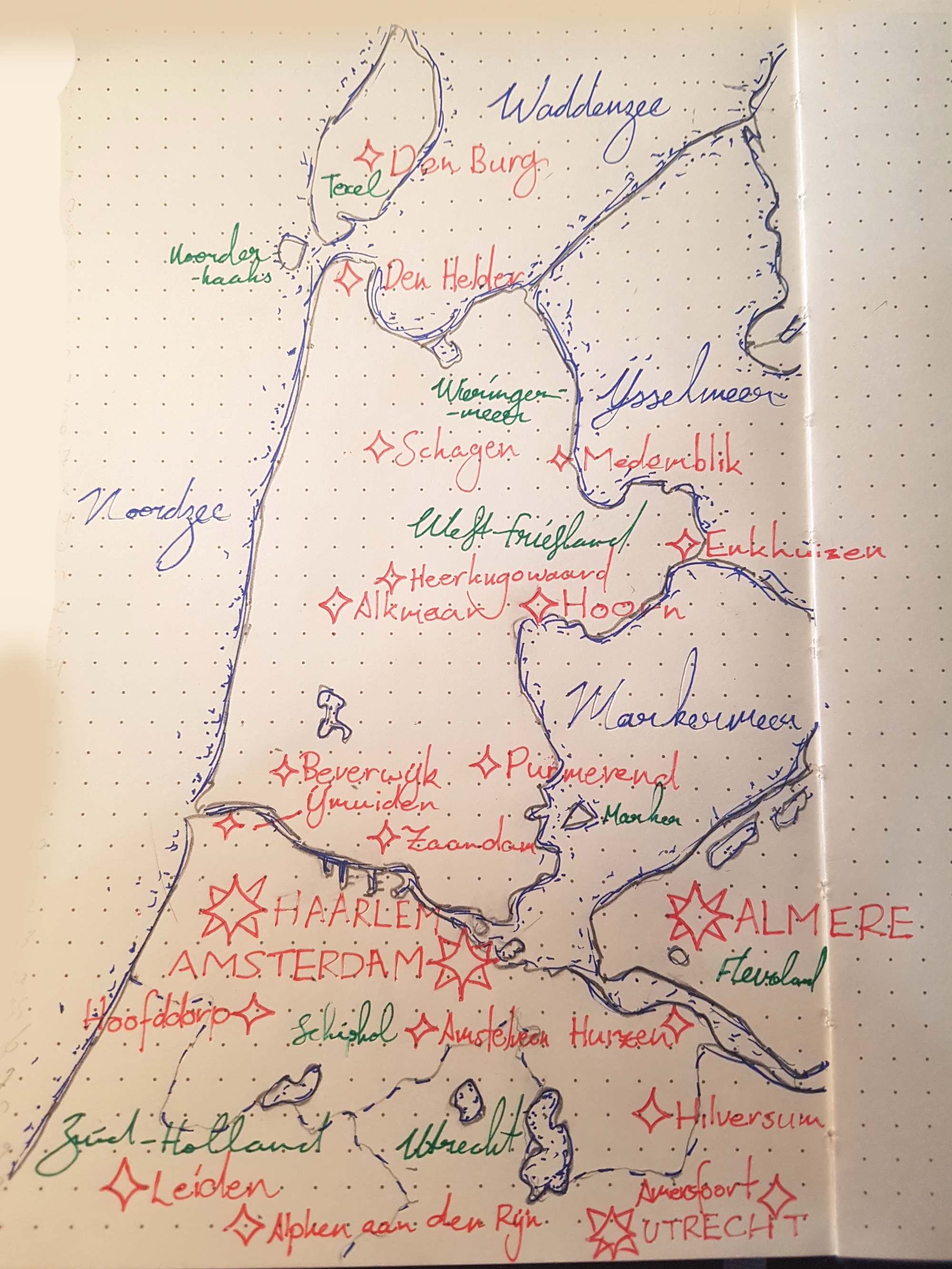 A map of North Holland and surrounding provinces doodled on some dotted paper.