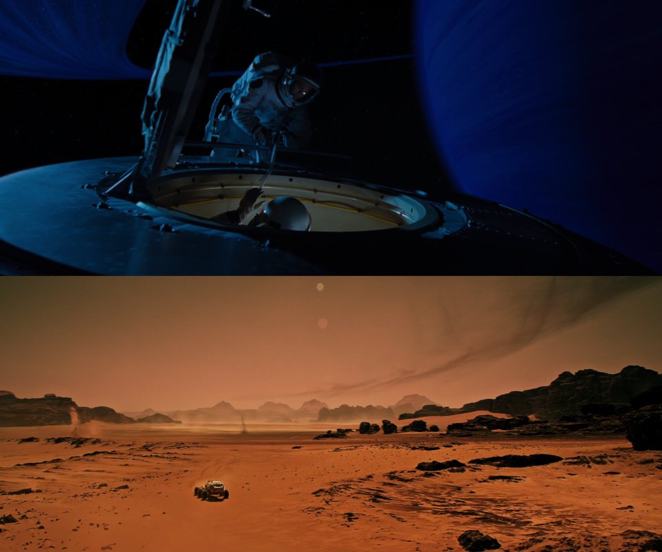 A collage of two film stills — in one, an astronaut exits a capsule illuminated by Neptune’s deep blue; in the other, a rover rides around the vivid crimson hills of Mars
