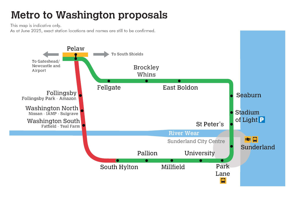 A diagram of the proposed extension to Washington, showing the Green Line going in a loop