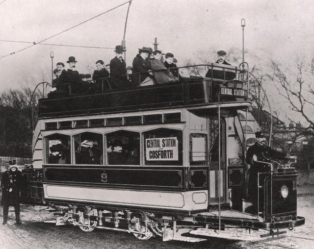 An old-timey electric tram on its way to Gosforth