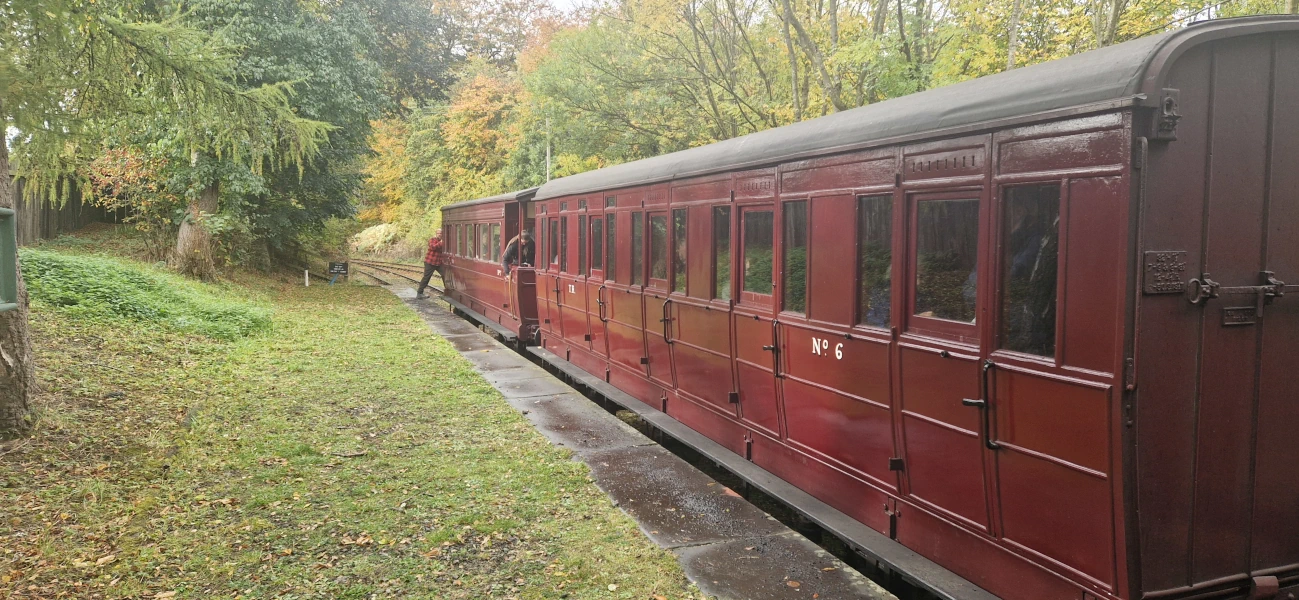 A vintage maroon passenger train, labeled "No 6", sits alongside a narrow wet platform bordered by grassy banks and lush autumn foliage. A person stands near the doorway of one of the rear carriages.