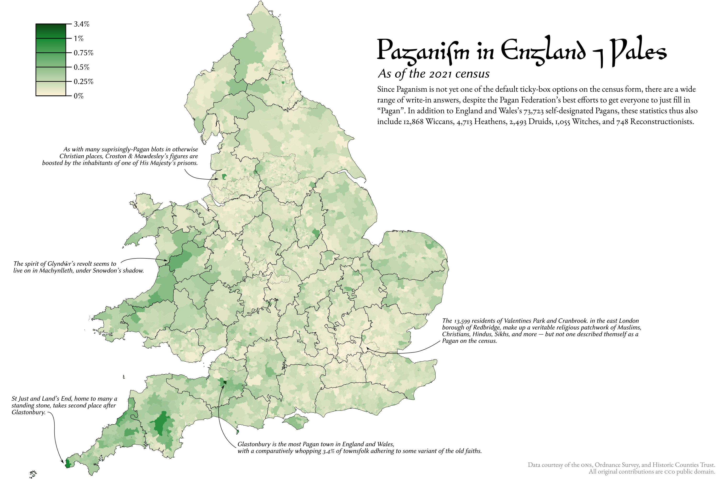 A map of Paganism in England and Wales, showing it to be most popular in Wales and the south-west of England, particularly Glastonbury