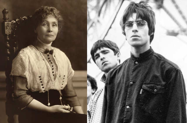 Montage of portraits of Emmeline Pankhurst and the brothers Gallagher