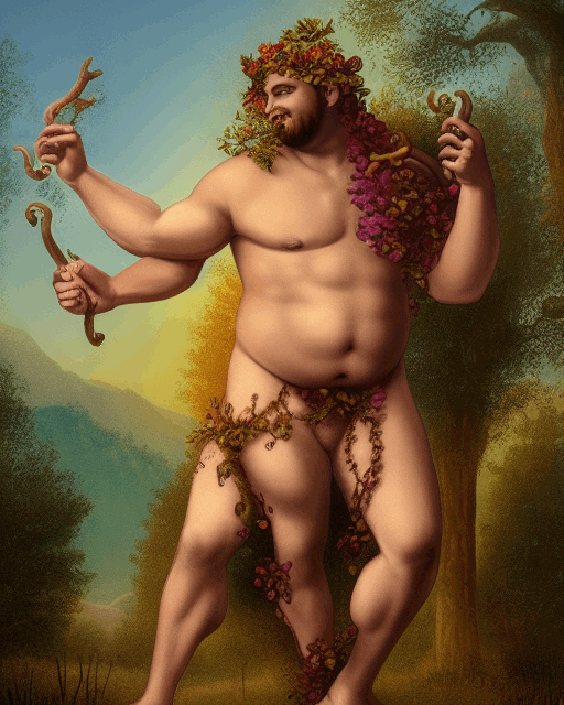 Dionysos as a three-legged and -armed bearded man, overweight but muscled, covered in flowers