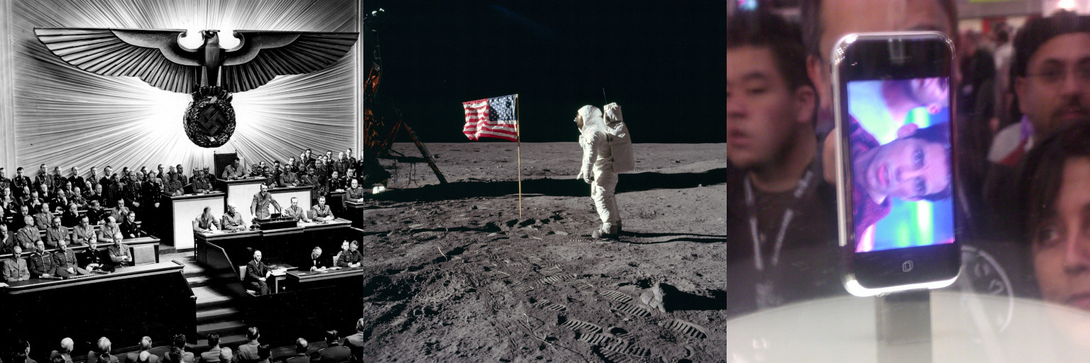 Hitler making an announcement, a man on the moon, the first iPhone