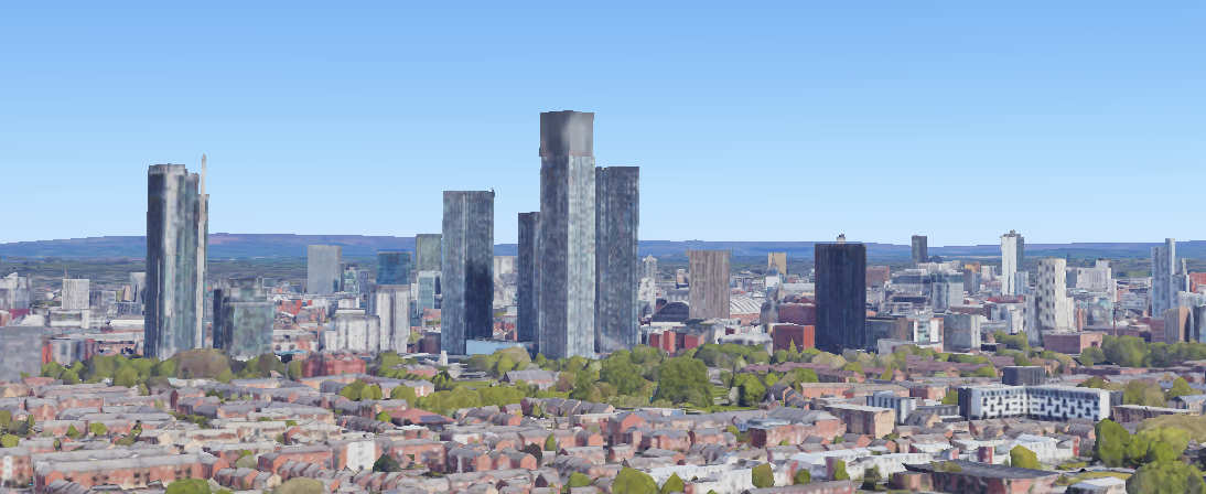 A Google Earth render of the skyline of Manchester, containing a modest few tall buildings