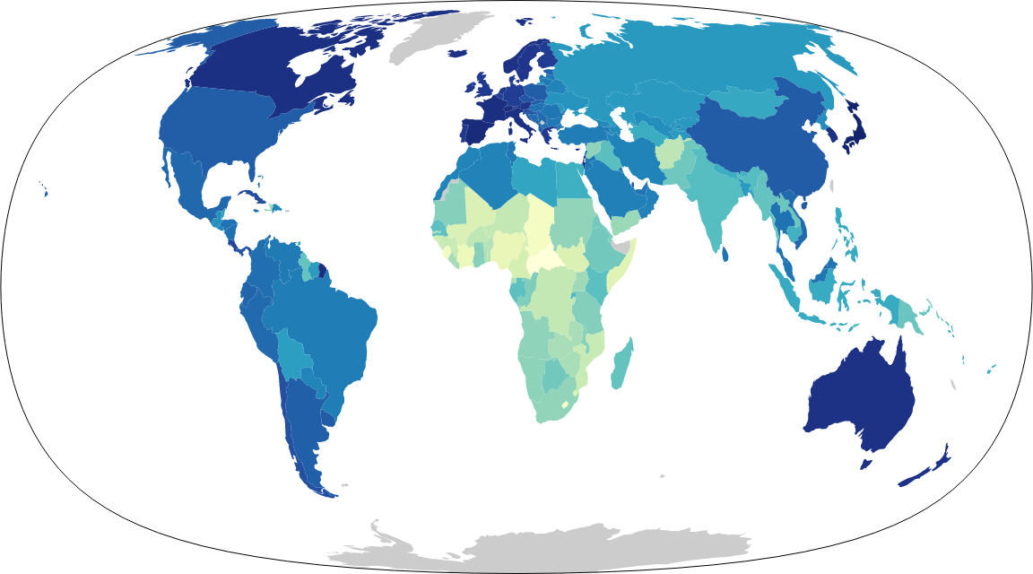 An equal-area map of the countries of the world, with a curved outline curving in gently towards the poles