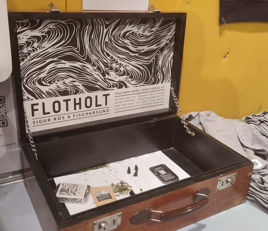 A case with some tea and incense strewn about, branded "Flotholt: Sigur Rós × Fischersund"