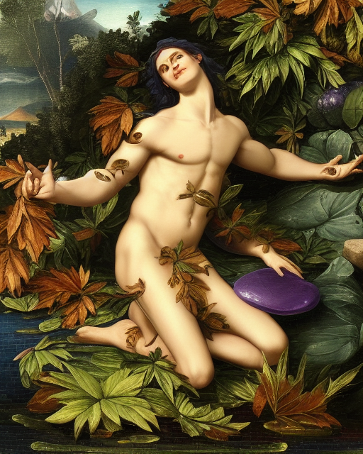 Hermaphroditus as an androgynous, twinkish fellow with three arms, laying down by a pond in a bed of leaves