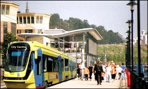 A mockup of a tram running across a Newcastle street