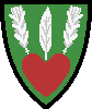 Vert, a quill between two wheat stalks Argent, all issuant from a heart in base Gules
