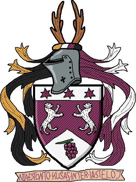 A coat of arms with antlers as a crest, non-binary mantling, and an escutcheon of 3 purple stars on a white chief, two otters, and at the bottom a bunch of grapes on a white chevron.