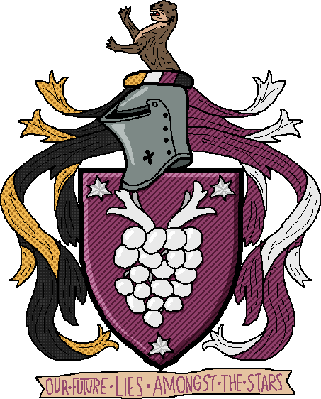 A coat of arms with an otter as a crest, non-binary mantling, an escutcheon of a purple shield with a white, antlered bunch of grapes surrounded by 3 stars.