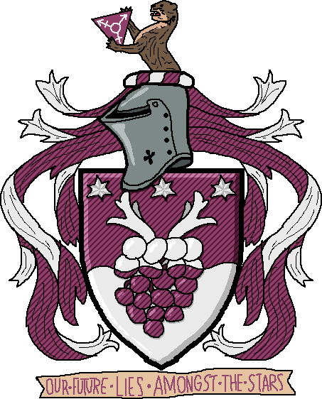 The current coat of arms, but with the motto ’Our future lies amongst the stars.’