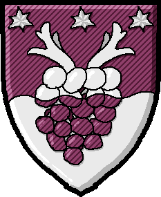 A purple and white shield decorated with a wave across the middle and a bunch of grapes beneath a pair of antlers.
