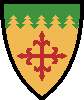 A golden shield topped with a green, fir-twigged chief and a red fleur-de-lis cross in the centre