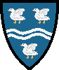 On a shield Azure two bars wavy Argent between three swans rising wings elevated and addorsed Argent beaked and membered Or