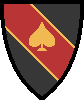 Sable, on a bend Gules fimbriated Or, the symbol of Spades (as in a deck of playing cards) Or.