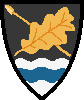 Sable, a spear and an oak leaf both Or in saltire, in a base wavy Argent a fess wavy Azure