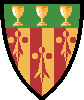 on a paly Or six Gules and Or, three ermine spots counterchanged, on a chief Vert three goblets of the second